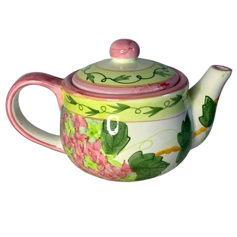 Hand-Painted Ceramic Teapot Lid Floral Design Pink & Green Vintage Look